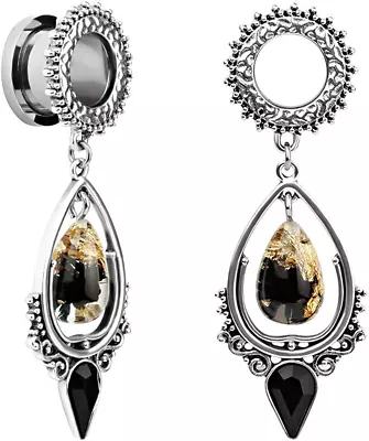 Stainless Steel Teardrop Black Obsidian Stone Large Dangle Bridal Plug Ear Gauge • $21.27