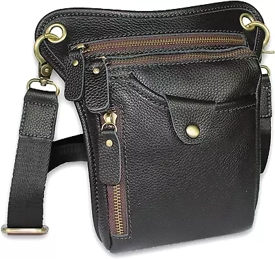 Genuine Leather Motorcycle Waist Pack Thigh Drop Leg Bag For Men And Black • $52.45