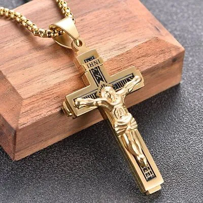Mens Titanium Gold Cross Catholic Crucifix Pendant Necklace Three Color 24 Chain • $12.34