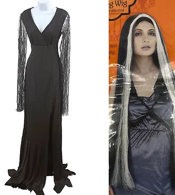 Morticia Addams Sorceress Witch Cosplay Black Lace Dress Long Wig Halloween Sz M • $35.99