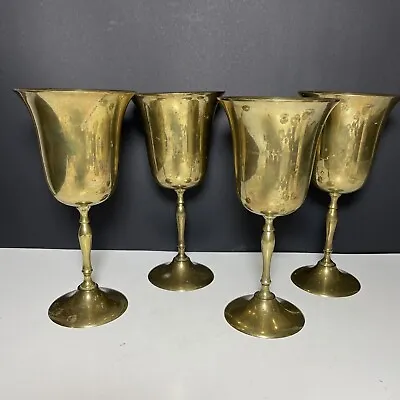 Set Of 4 Vintage Solid Brass Stemmed Wine Water Goblets Glasses Fluted India 7.5 • $26