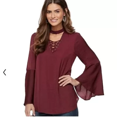 JENNIFER LOPEZ Maroon Lace Front High Neck Long Bell Sleeve Blouse Size L • $7.49