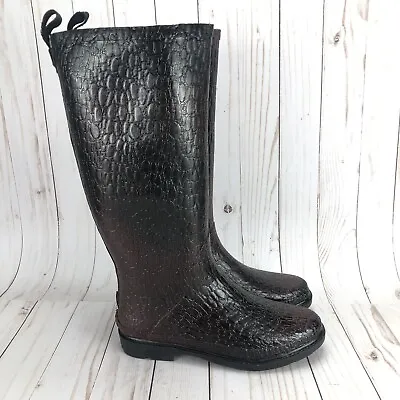 Muck Wellies Rubber Rain Boots Mid Calf Black Cherry Croc Embossed Womens Size 7 • $45