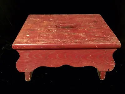 Antique Vtg Hand Made Red Paint Wooden Oak Step Foot Stool Folk Art • $125