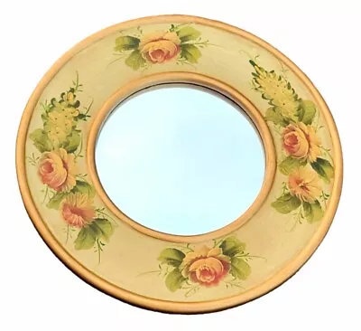 Beautiful Vintage Round Floral Accent Mirror Hand Painted Flowers Wooden Hanging • $45.99