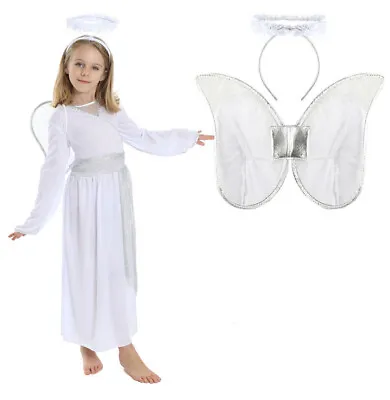 Angel Girls Childs Nativity Christmas Play Fancy Dress Costume Wings Halo Dress • £11.99