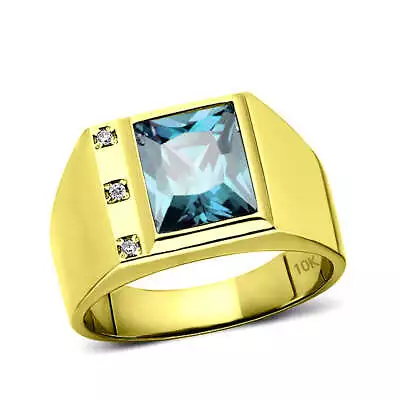 Solid 10K Gold Blue Topaz Mens Ring 0.06ct Natural Diamonds Fine Ring For Man • £521.24
