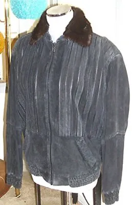 Vtg Zilli Black Suede Leather Zip Front Bomber Jacket Silk Lining Mink Collar • $344.95