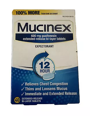 Mucinex 12 Hour Expectorant 600mg 40 Ct Tablets Exp 1/2024 Or Later • $18.99