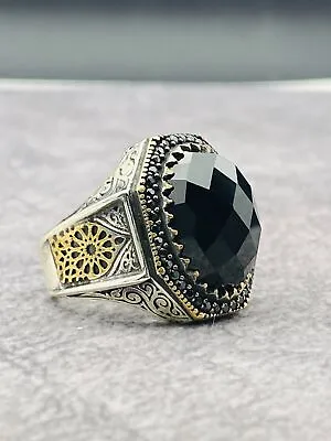 Men Turkish Handmade Natural Black Onyx 925 Silver Ring Embroidered Gift For Him • £59.06