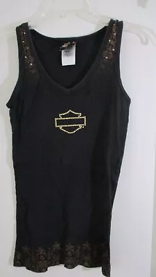 HARLEY DAVIDSON~ Black W/ Brown Designs TANK TOP SHIRT~ Women's Medium • $15.34