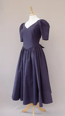 Vintage Laura Ashley Navy Dress UK12 EU38 US10 1980s Prom Puffed Sleeves JE1150 • £65