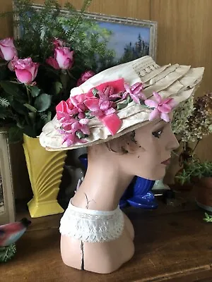 Vintage Antique 1930’s Sweet Pink Millinery Velvet Flowers On Wide Brim HAT • $75