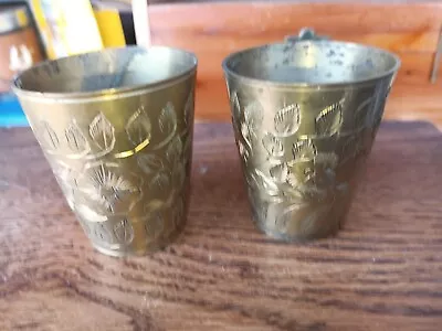 2 Vintage Brass Barrel Nesting Shot Glasses Set. Etched. Very Unique!!  • $9.99