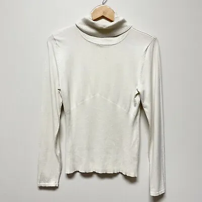 MAINBOCHER Cream Knit Turtle Neck Sweater Ribbed  Viscose Flattering Size L • $22.95