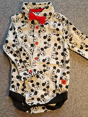 Mickey Mouse Baby Boys Shirt Vest With Bow Tie 3-6 Months Grey Bodysuit (M26)  • £3