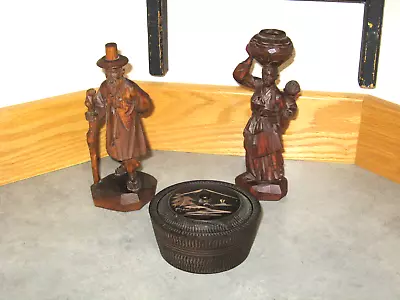 Vintage Korean Asian Couple Hand Carved Wood Figurines - Made In Japan Bowl Lid • $9