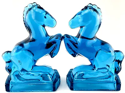 Mid Century Blue Glass Horse Bookends By L.E. Smith A Pair • $125