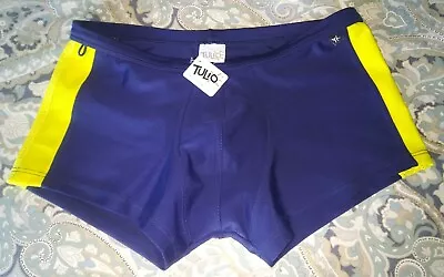 TULIO 'Square Cut' Men's Swim Suit S 28-30 Made In Brazil Navy Yellow Mesh *NWT* • $65