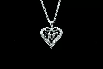 Sterling Silver MOM Heart Bow Diamond Accents Pendant & Necklace • $23.76