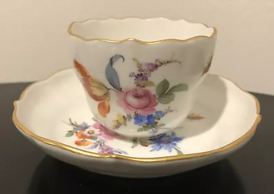 Meissen Porcelain Hand Painted Flower & Insects Tea Cup Saucer Demitasse • $450