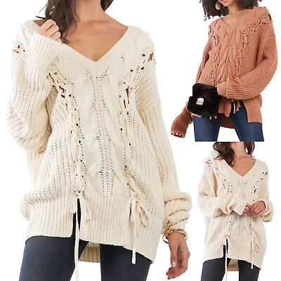 $26.99 • Buy Beige Or Camel Oversize Off Shoulder V Neck Cable SOFT Laced Up Tunic Sweater