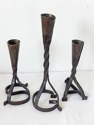 Vintage Set Of 3 Forged Wrought Iron Cattle Branding Candle Holders - Rustic • $75