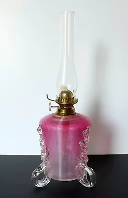 Antique Victorian Threaded Cranberry Glass Miniature Oil Lamp  Applied Rigaree • $308.63