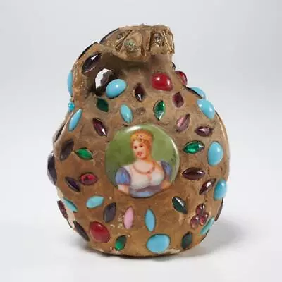Antique Victorian Folk Art Bejeweled Hand Painted Portrait Memory Jug Jar Signed • $375