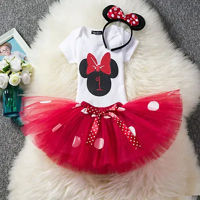 Baby 1st First Birthday Minnie Mouse Dress Romper Tutu Skirt Headband Outfit ZG8 • $12.99