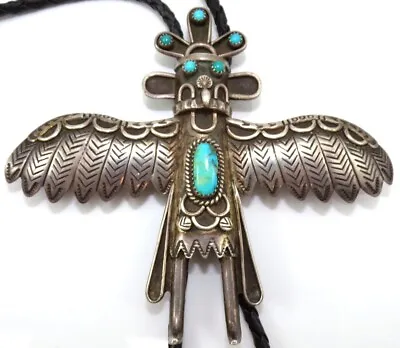 Native American Sterling Silver XL Kachina Eagle Blue Turquoise Bolo Tie LLJ3 • $1499.99