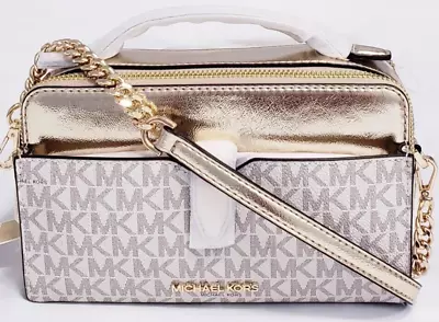 Michael Kors Jet Set Medium Double Zip Crossbody Bag Vanilla Patent Gold NWT • $145