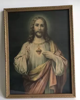 Framed Sacred Heart Jesus Christ Vintage MCM Religious Wall Picture Litho Glass • $34.98