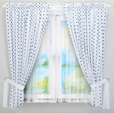 Lux 2pc BABY BEDROOM CURTAINS CHILDREN ROOM NAVY STAR WHITE 2 Panels Cotton • £12.99