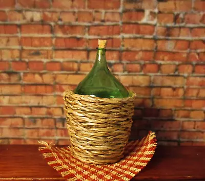 New Dollhouse Green Glass Demijohn In Wicker Basket Antique Replica • $9.99