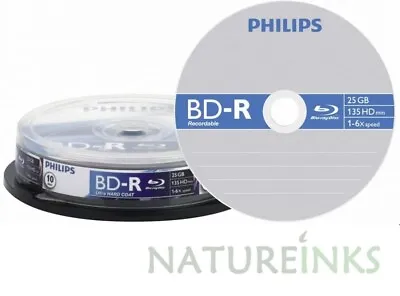 £14.99 • Buy 10 Philips BD-R BR2S6B10F/00 Bluray 25GB 6x 135 Mins Blank Disc BDR