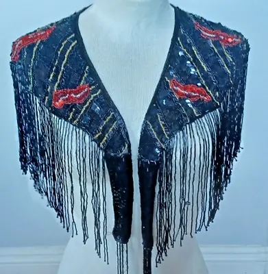 Sequin Beaded Lace Collar HipWrap Shoulder Shrug Shawl Applique Blk/Red MardiGra • $49.95