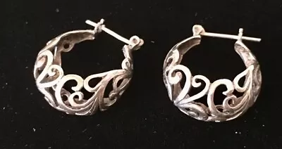 Vintage Open Filigree Swirl Sterling Silver 925 Hoop Earrings • $24.97