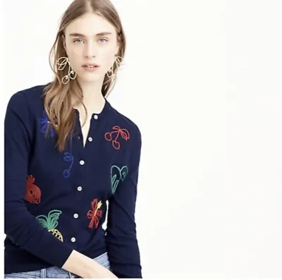 J.Crew Women's Sz M Embroidered Fruit Cotton Jackie Cardigan Sweater Blue NWT • $44
