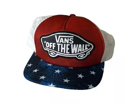 Vans Mesh Adjustable Trucker Hat Red White Blue Snapback Cap USA Hat Beach • £6.02