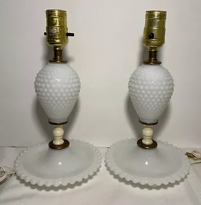 Set Of 2 Vintage Small White Hobnail Milk Glass Table Lamps 12” **READ • $24.99