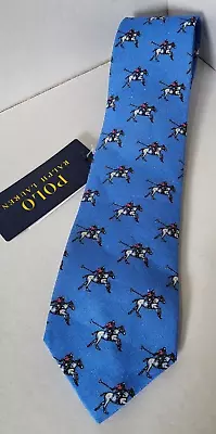 Ralph Lauren Mens Tie Blue Polo Player Horse Pony Racing Emblem Equine Linen NWT • £94.99