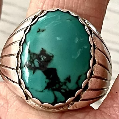 Oval Stone Navajo Mens Turquoise Ring Sz 14 Sterling Signed Fans 20g Band Signed • $154.94