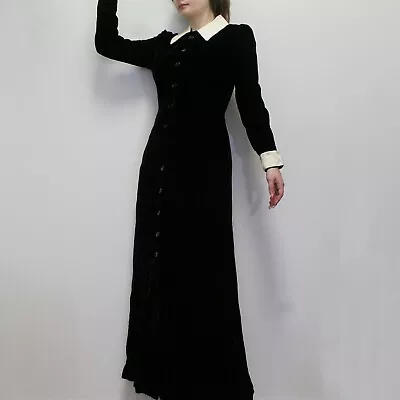 Vintage 60s Preppy Gothic Wednesday Addams Black Velvet Maxi Dress • $96