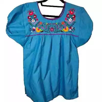 Blue Mexican Puebla Blouse Floral Hand Embroidered Handmade Design Size Small • $20.21