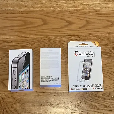 Black IPhone 4S 16GB Box Only With Manual & NEW ZAGG Invisible Shield Dry Screen • $12.89