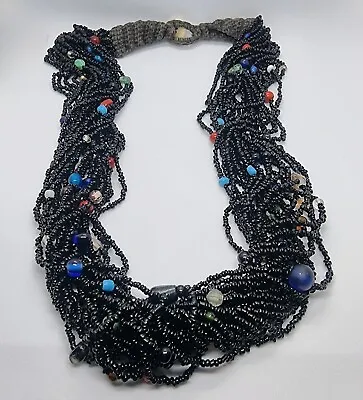 £4.99 • Buy Multi String/Colour Black Bead Necklace Boho Rasta Crochet And Flower Button 