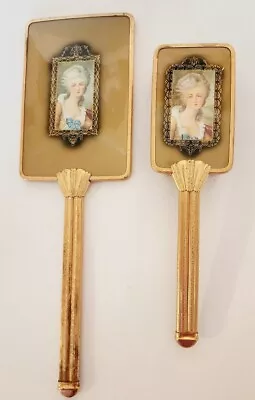 Antique Victorian Lady Hand Held Gold Metal Vanity Mirror & Brush • $24.99