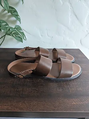 $29 • Buy Zara Brown Leather Thick Double Strap Sling Back Sandals - Size 43