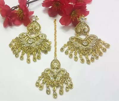 Indian Bridal CZ Earrings With Tikka Champagne Color Wedding Antique Gold Plated • $25.85